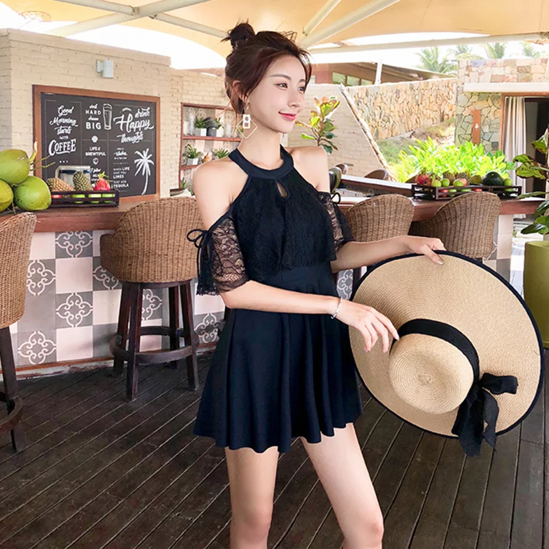 NODELAY 2019 Новый Цельный купальник Черная кружевная юбка купальники для женщин Пляжная одежда купальный костюм с высоким воротом сексуальный