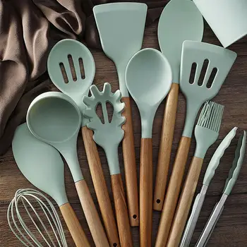 

12pcs/set Silicone Kitchenware Kit Non-stick Spatula Durable Spoon Kitchen Nordic Cookware Handle Set Helper Beech X6G4
