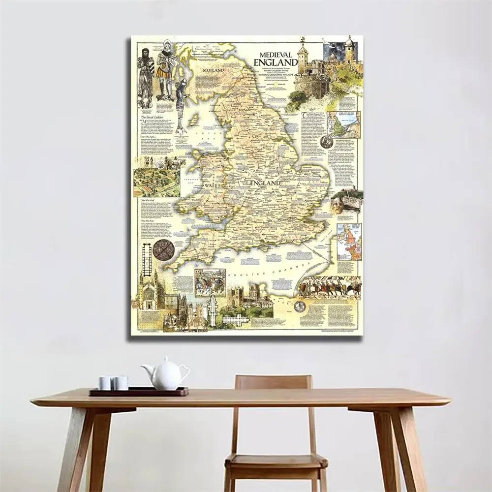 

60x90cm HD Printed Fine Canvas Map of Medieval England in 1979 Edition Home Decor Art Living Room Crafts Wall Map