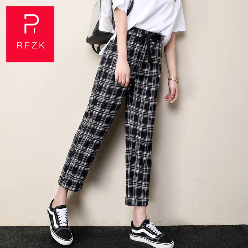 Rfzk 2020 Cotton Straight Plaid Women's Pants Ankle-Length Capris Casual Mid Waist TrousersWomen's loose straight harem pants
