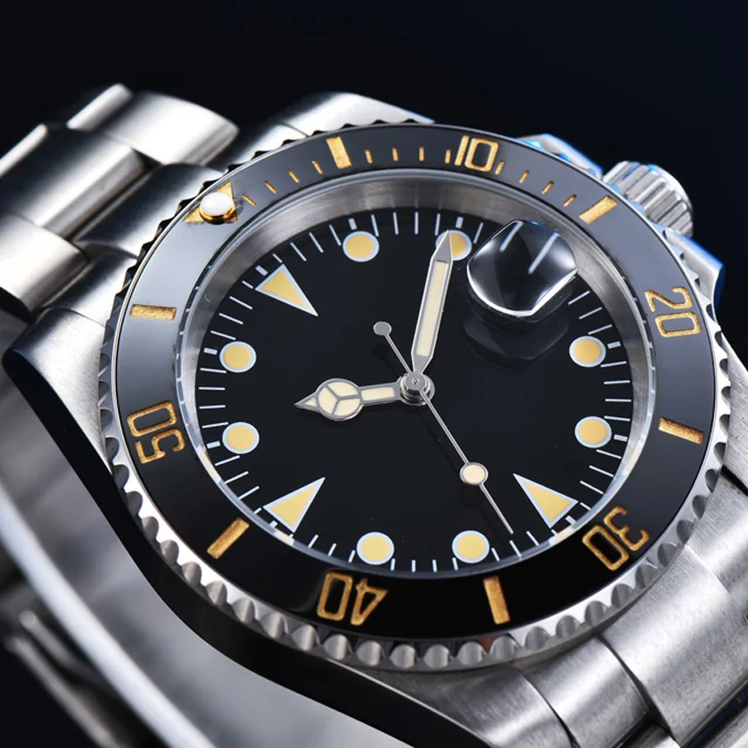 Sterile black orange nail surface men's automatic mechanical watch stainless steel color black ceramic ring