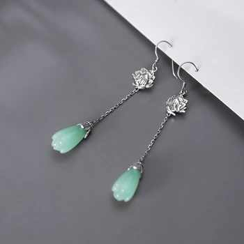 

Authentic Vintage Style Thai Silver Temperament Jewelry Lotus Green Zirconia Dangle Earrings For Women Lady Daughter Gift