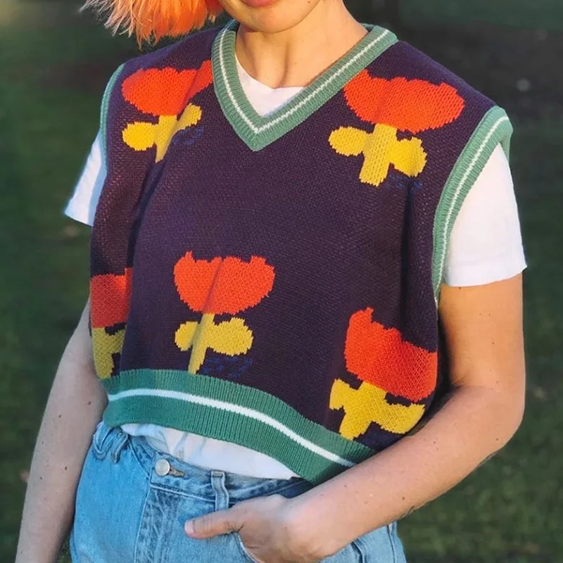 Vintage Floral Print Cute Knitted Vest 
