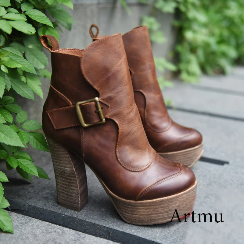 Artmu Original Women Boots 11 cm Super High Heel Pumps Genuine Leather Comfort Round Toe Buckle High Heels Boots Fashion Brown