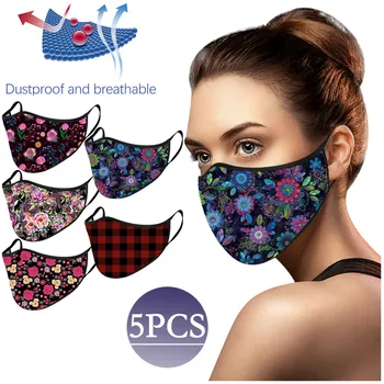 

5pcs Adult Cycling Running Dustproof Windproof Protective Washable Mask Pm2.5 Flower Print Anti-dust Reusable Mouth Face Masks