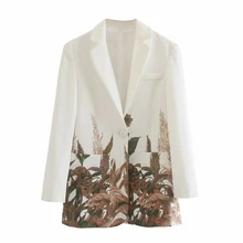 XNWMNZ Blazer de manga larga con estampado de hojas de árbol para mujer, traje holgado informal con un solo botón, otoño e invierno, 2021