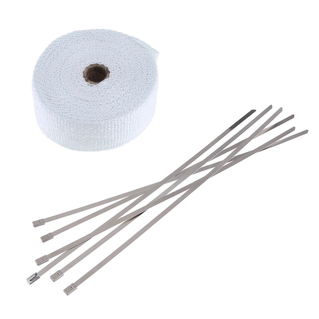10m*5cm*2mm White Exhaust Header Pipe Wrap Motorcycle Car Manifold & 6 Ties