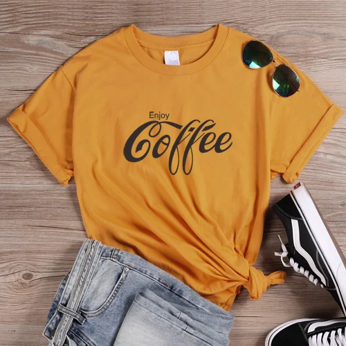 Yellow ONSEME, женская футболка, Enjoy coffee, с буквенным принтом, футболки, женская уличная одежда, базовые хлопковые футболки, Cola, футболка, Harajuku, слоган, топы - Цвет: Yellow