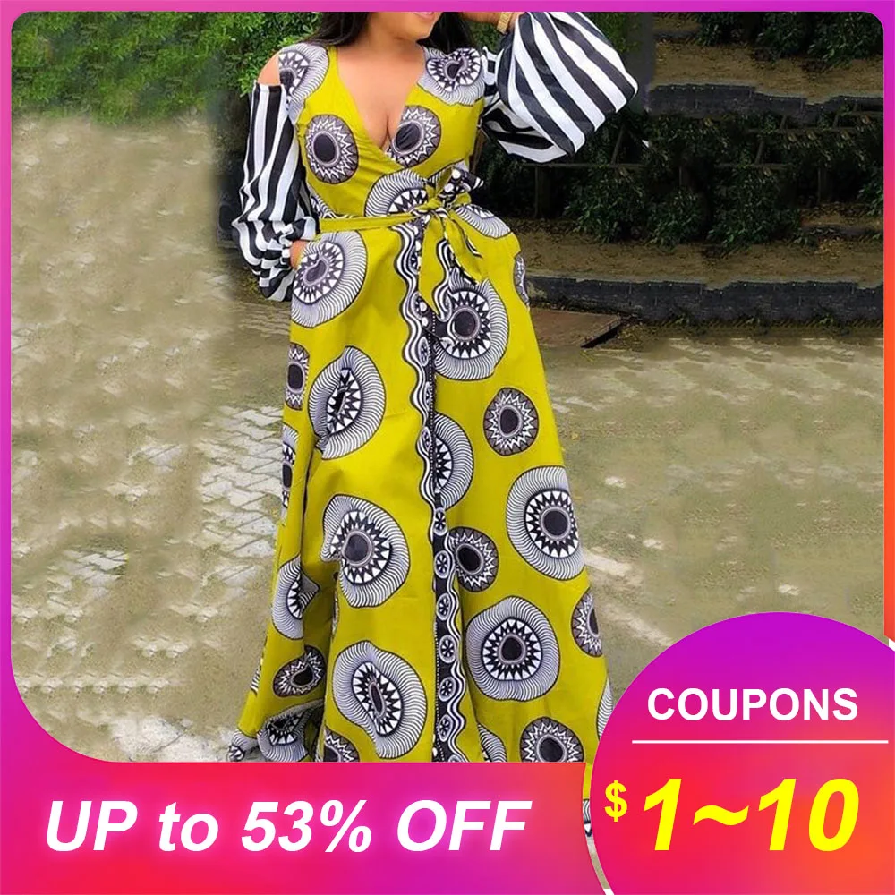 

2019 Autumn Elegant Yellow Vintage Plus Size Dress Party Deep V-Neck Geometry Print Maxi Long Sleeve Dress