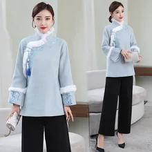 Зимний стиль Юбка элегантное улучшенное Чонсам толстое стеганое шерстяное платье с кисточками и вышивкой теплое пальто