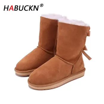 

HABUCKN Fashion New Cowhide Suede Leather Wool Mid-calf Women Winter Snow Boots with Bow-knot Girls Casual Sheep Shearing Boots
