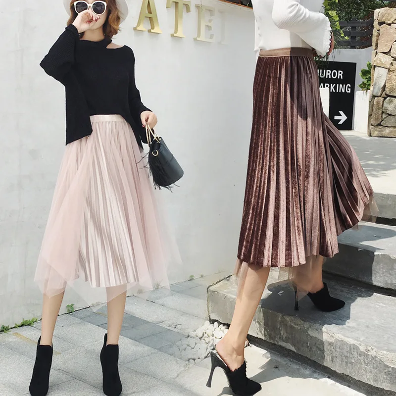 

High-waisted Irregular Mesh Skirt Gold Velvet Skirt Women's Autumn And Winter Organ A- line Pleated Skirt Medium-length Dress Re