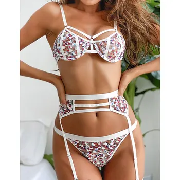 

Floral Embroidery Women's Underwear Sexy Bra Set Transparent Bra Set of Linen 3 Piece Bra