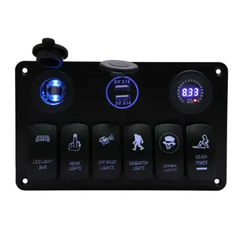 

New 12V-24V 6 Gang Rocker Switch Panel Circuit Breaker for Car Caravan Marine Boat RV Blue LED