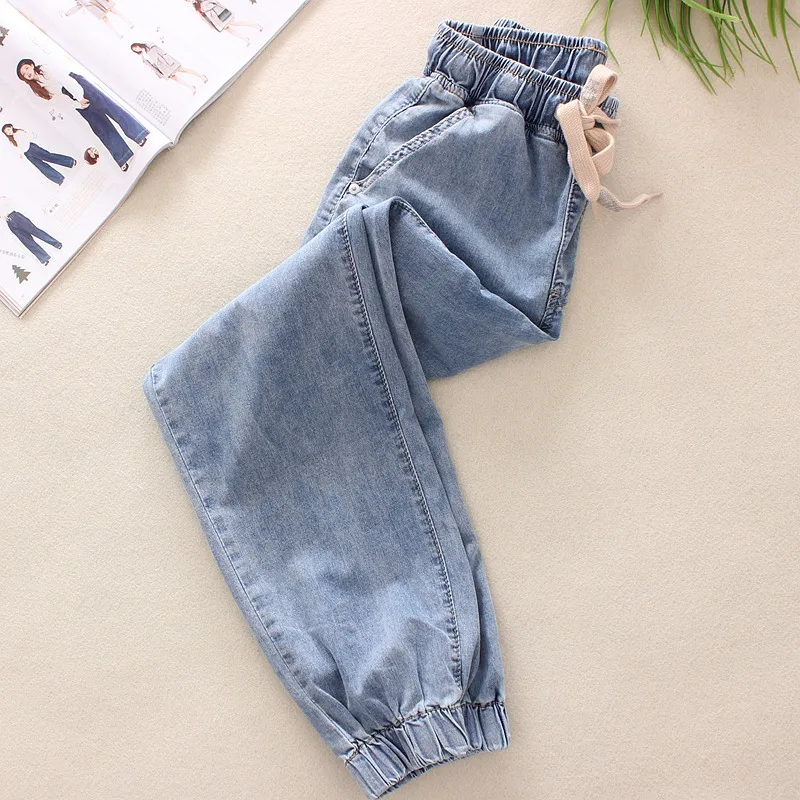 Thin Stretch Jeans Women Spring and Summer Korean Loose Cropped Trousers High Waist Radish Daddy Pants Mother Jeans