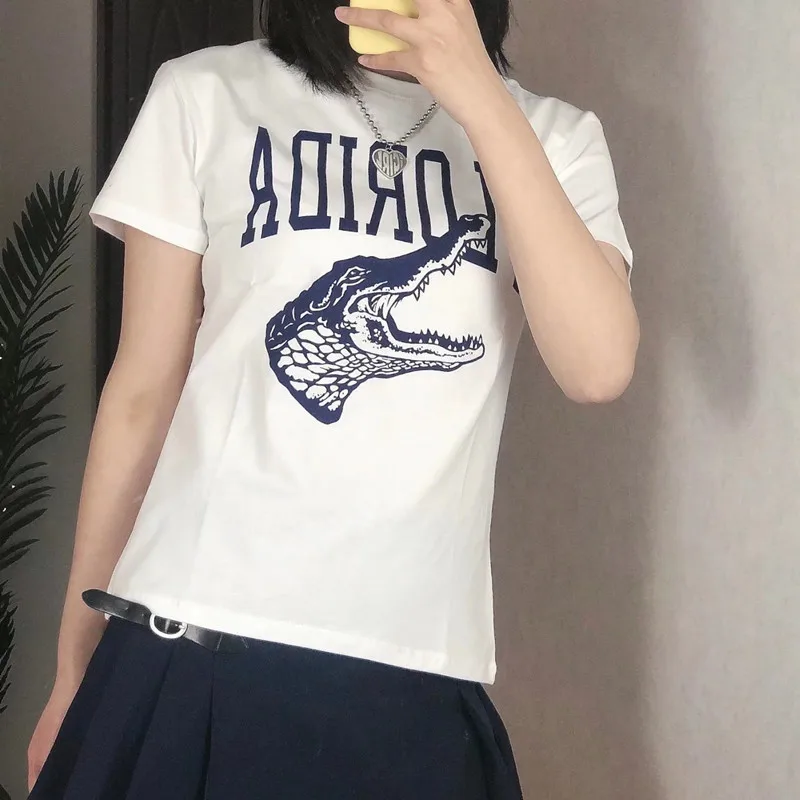 

UNUTH Girls Soft Cotton O Neck T-shirt 2022 Summer Fashion Ladies Casual Slim T-shirt Female Printed Straight T-shirt Top