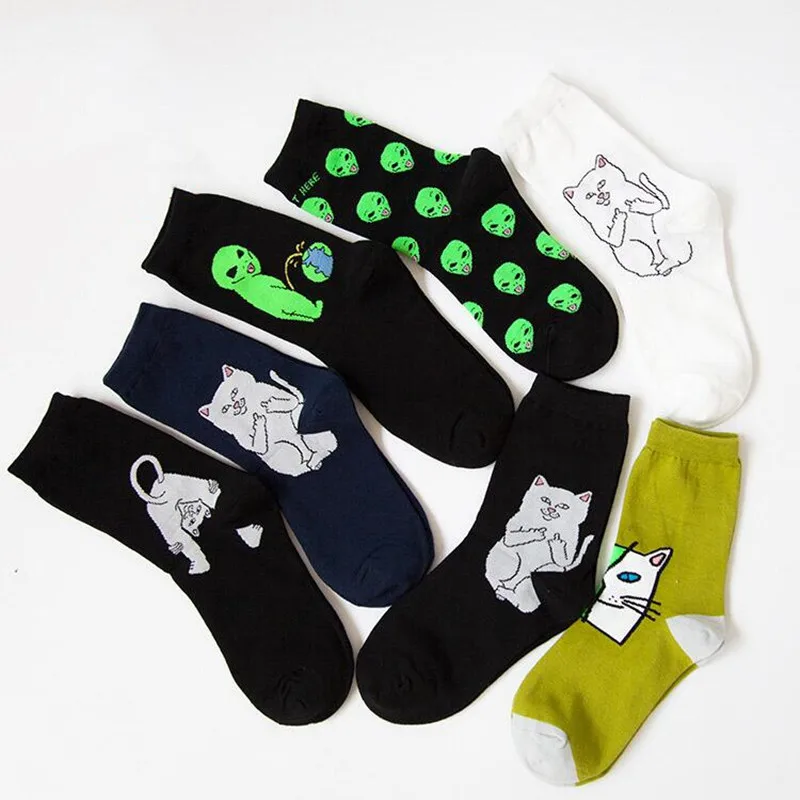Модные уличные носки с забавными инопланетянами, необычные креативные Забавный мультяшный Кот дышащие мужские носки счастливые длинные носки унисекс