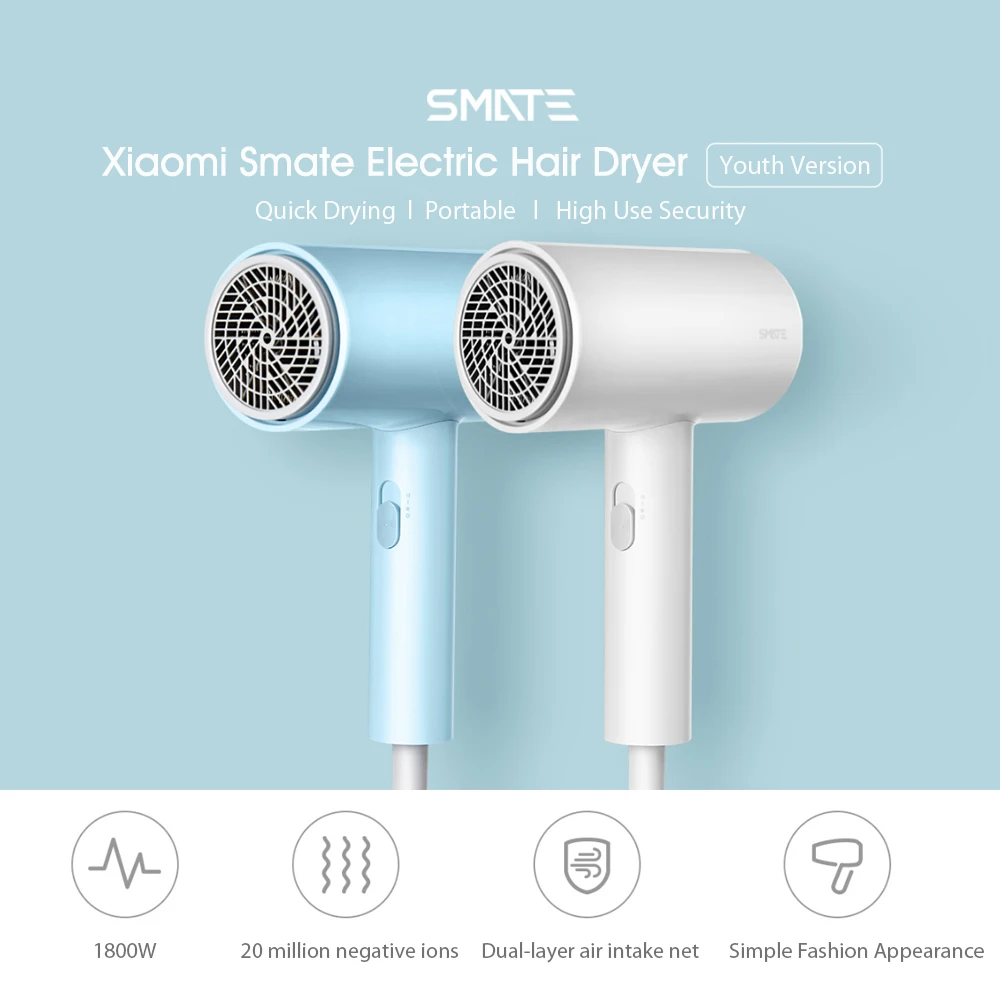 Xiaomi Smate фен 1800 Вт фен 3 шестерни отрицательные ионы двухслойный воздухозаборник сетка перегрев быстросохнущие инструменты для волос 220 В