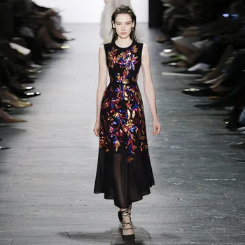 

Crew neck sleeveless mesh heavy work sequins embroidered waist down long dress dress fall 2020
