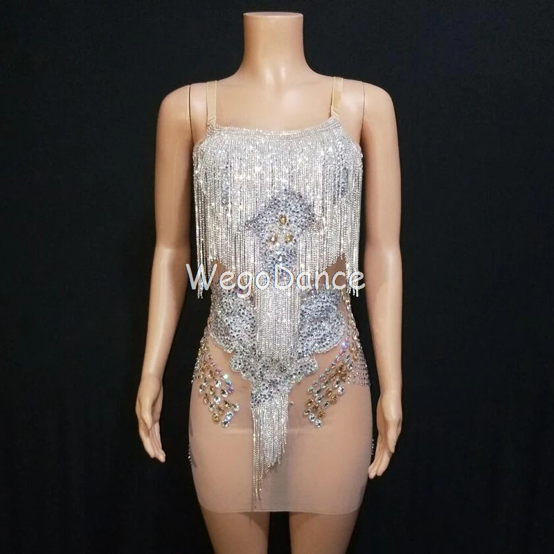 

New Women Clothing Sparkly Glass Crystals Tassel Mesh Dress Birthday Prom Fringes Sexy Rhinestones Dresses Singer Gogo Costume