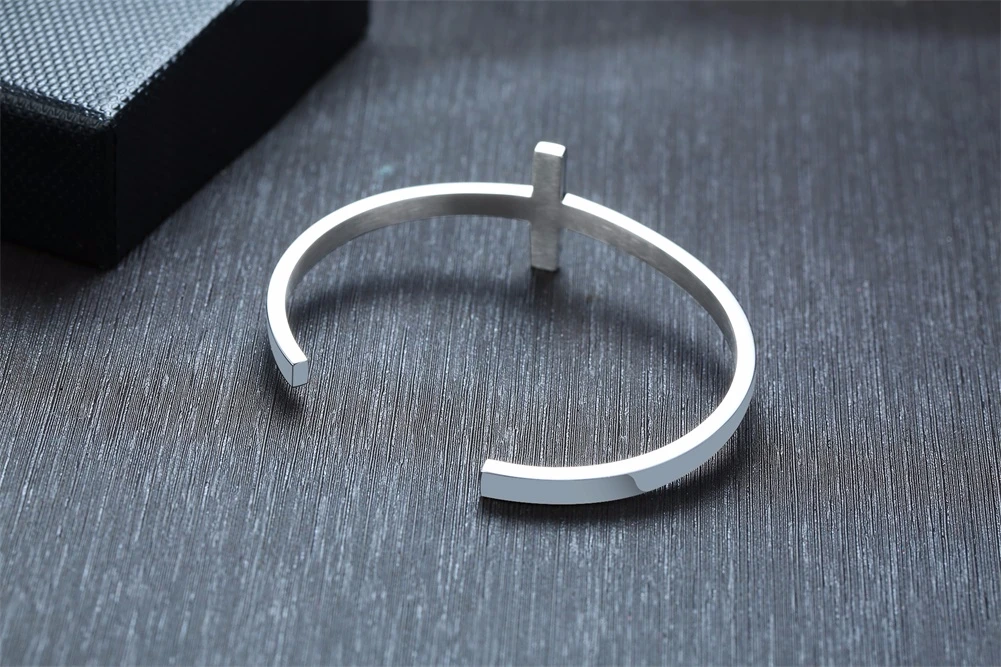 SILVERLY CROSS CUFF BRACELET STAINLESS STEEL SIDEWAYS CROSS BRACELET OPEN CUFF BANGLE FOR MEN UNISEX JEWELRY