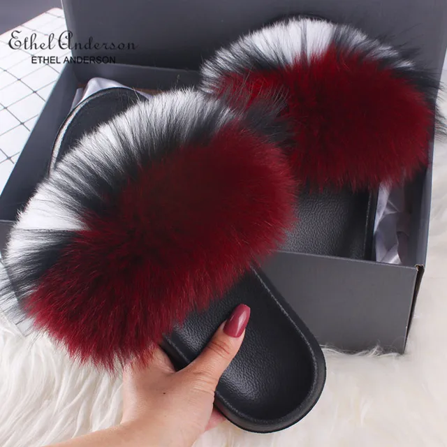 2021 Hot Sale Women Real Fox Fur Slippers Multi-color Summer Fashion Slides Casual Female Furry Shoes As picture