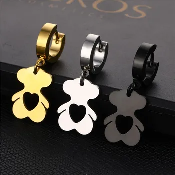 

1Pcs Fashion Titanium Steel Circular Button Ears Ring with Little Bear Pendant Ears Pendant Jewelry