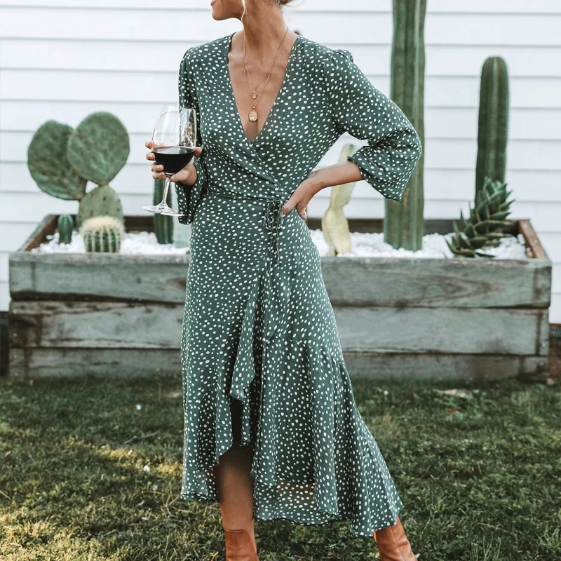 

Autumn winter Elegant Dress Women Sexy Fishtail wave point waist tie long sleeve Dresses female 2019 women casual long dresses