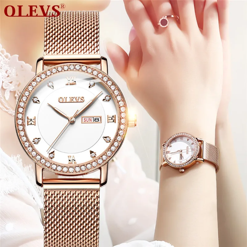 

OLEVS Watch Women Fashion Rose Gold Mesh belt Ceramics Simple Watch Luxury Waterproof Business Wristwatch light Women Watch