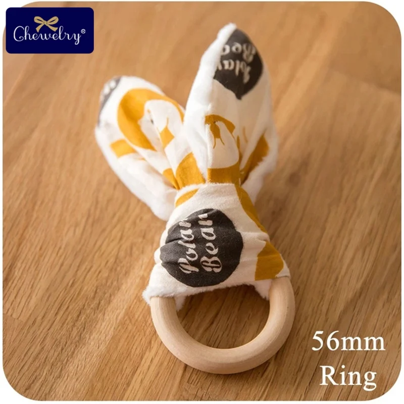 56mm Brown Bear CHEWELRY, 1 шт., 70 мм, Прорезыватель для зубов с ушками кролика, деревянные кольца для прорезывания зубов, игрушки, деревянный круг, тканевый тренировочный детский браслет, BPA бесплатно - Цвет: 56mm Brown Bear