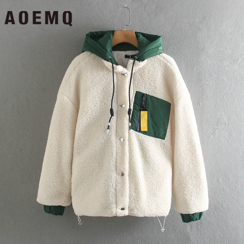 AOEMQ модные пальто из овечьей шерсти, мягкая верхняя одежда, пальто в стиле пэчворк, панк, современные пальто для альпинизма с капюшоном, женская одежда