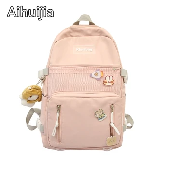 

Girls Fashion Badge Pendant Travel Backpacks Large Capacity Multifunction Teen Schoolbag New Nylon Solid Color Women's Backpack