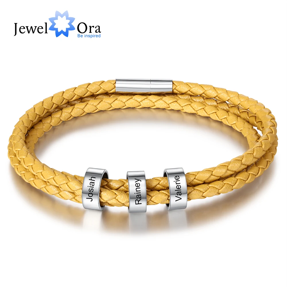 

Персонализированный браслет унисекс с бусинами из нержавеющей стали с гравировкой на заказ кожаные браслеты с 3 именами для женщин и мужчин ювелирные изделия