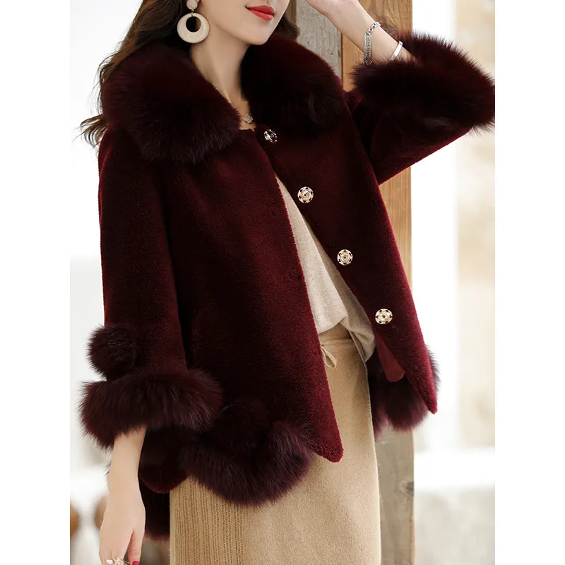 wine red AYUNSUE, натуральное меховое пальто для женщин, Овечья овчина, зимняя куртка для женщин, воротник из лисьего меха, шерстяное пальто, женская одежда, Veste Femme MY - Цвет: wine red