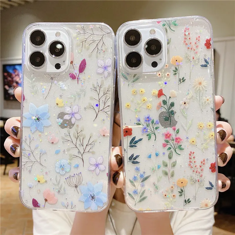 Transparent Flower Leaf Phone Case For iPhone 13 12 11 Pro Max XS Max X XR 7 8 Plus 11 12 13 Pro Soft TPU Epoxy Silicone Cover