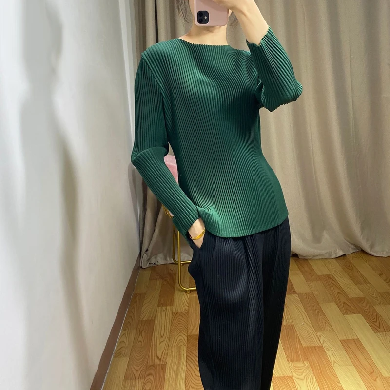Changpleat осенние новые женские плотные топы футболки miyak плиссированные модные однотонные с круглым вырезом и длинным рукавом большие эластичные женские футболки s