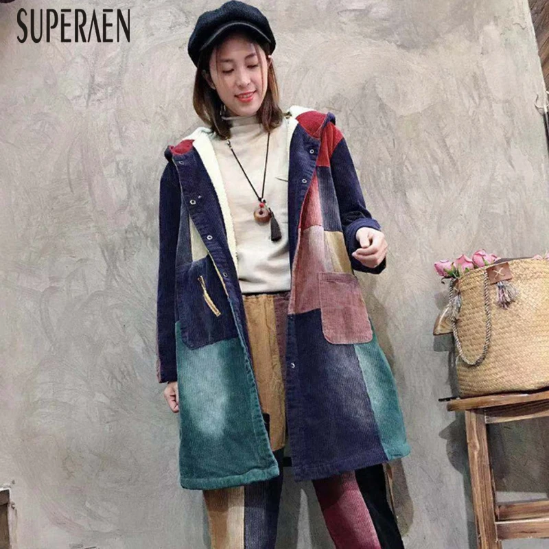 SuperAen, новинка, зимние теплые парки, пальто для женщин, Дикие повседневные модные парки с капюшоном, пальто для женщин, Вельветовая Женская одежда с капюшоном