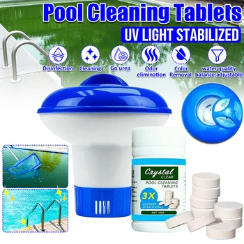

100g Swimming Pool Cleaning Tablets w Dispencer Purify Water Disinfect Chlorine Pills Instant Effervescent Foaming Cleaners