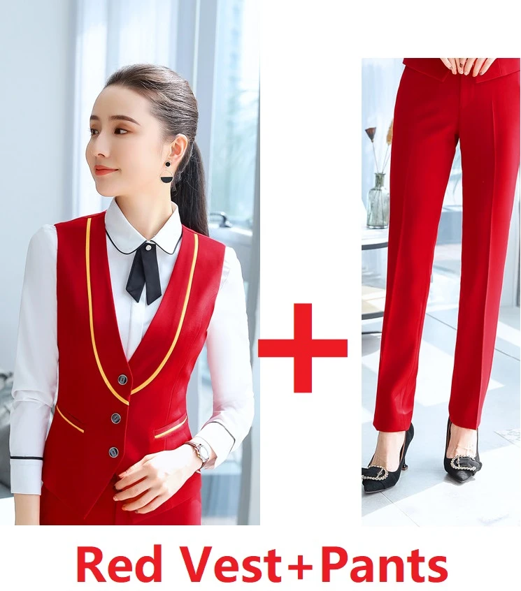 Red Новинка, красные форменные стили, брючные костюмы, комплект из 2 предметов, брюки и жилет для офиса, женские профессиональные рабочие блейзеры - Цвет: Red