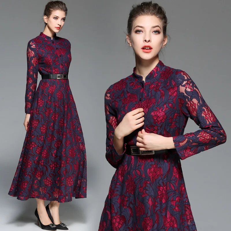 Женское Ретро жаккардовое Кружевное платье макси, платье Hiver Vestido Longo, винтажное большое Свободное длинное вечернее платье, платье Longue K8049