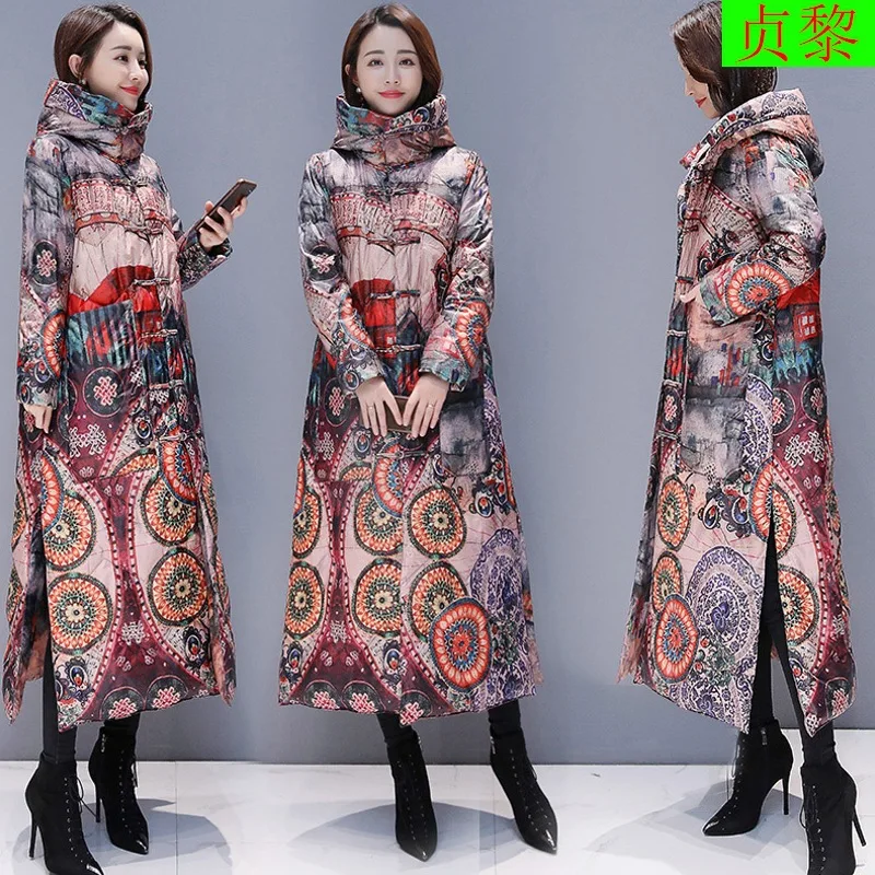 

Exta-long over-the-Knee down Jacket Cotton-padded Clothes 2018 Winter New Style WOMEN'S Dress Retro China National Style Long Th