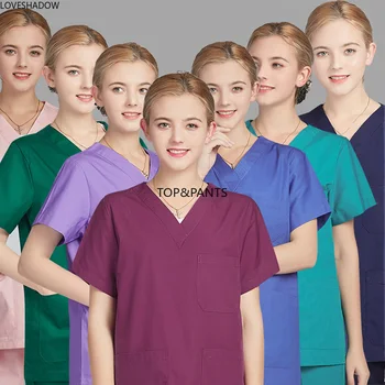 

[set] Classic V Neck Pure Cotton Medical Uniforms Solid Color Scrubs Short Sleeve Side Vent Hospital Workwear Doctor Vet Clothes