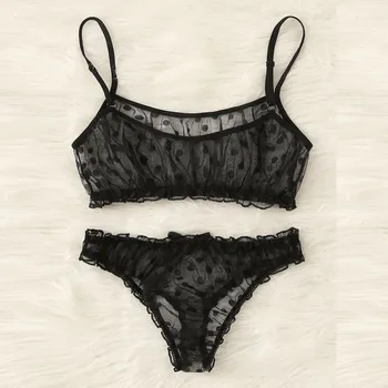 

Women Underwear Set Sexy Dot Mesh Bra Bowknot Underpants Black Lingerie Set S-XL soutien gorge sans armatures 3@