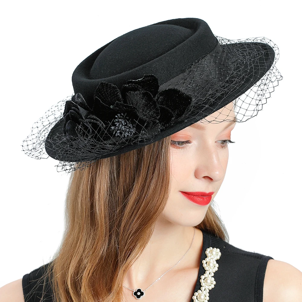 Fedoras, Свадебная женская шляпа, женские шляпы для вуалиторов, джазовая Кепка, черная церковная шляпа с вуалью, цветы, шерсть, войлок, женские зимние шапки