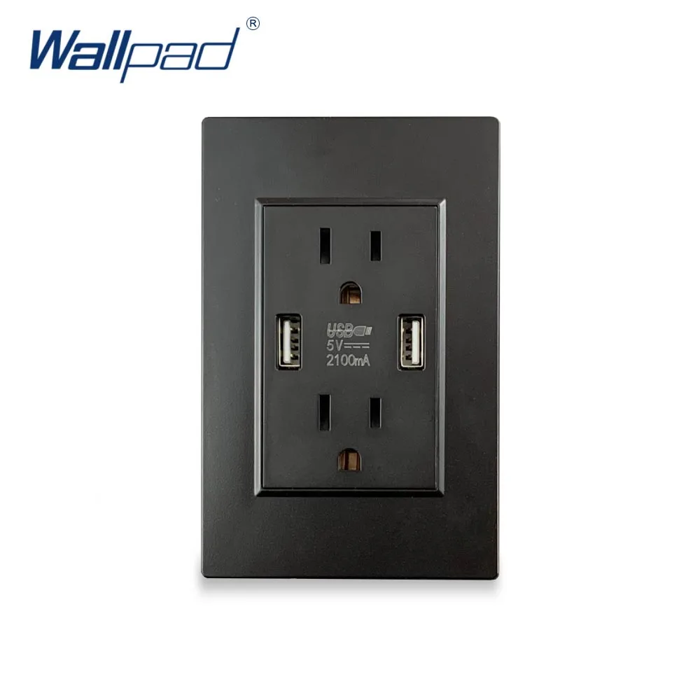 US Socket With 2 Usb Socket Port Charger 5V 2100mA Black Wallpad Luxury Wall Double USB Electric Power Outlet PC Panel