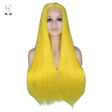 Причудливый W желтый длинный прямой синтетический парик на кружеве, длинные шелковистые парики для женщин, натуральные волосы, завязанные вручную