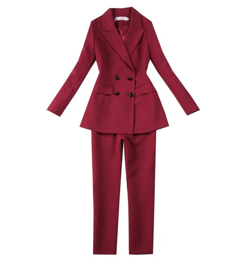 

Women's Suit Set 2019 Spring and Autumn Burgundy Notch Lapel Slim Professional 2 Piece Set Suit Women's Pantsuit Customi Made