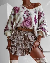 

2021 new women's leisure fashion diagonal shoulder V-neck rose wool top