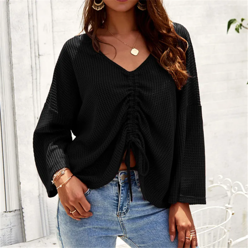 

Drawstring Sash Women Blouse V-Neck Hollow Out Solid Knitting Casual Blouse Women 2020 Spring Summer Slim Shirt Ladies Knit Tops