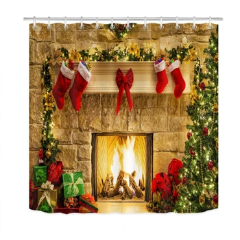 

1 X Shower Curtain Christmas Tree Fireplace Red Socks Gifts Shower Curtain Set Bathroom Decor Waterproof Mould Proof